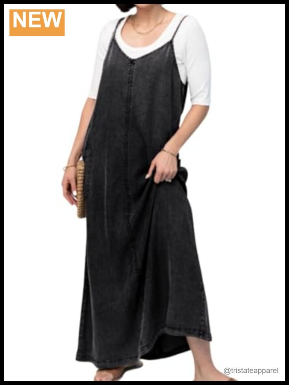 Spaghetti Strap Denim A-Line Maxi Dress with Pockets